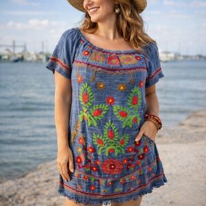 ROCKS & INDIGO Blue Embroidered Multicolor Botantical Fringed Hem Dress, Small